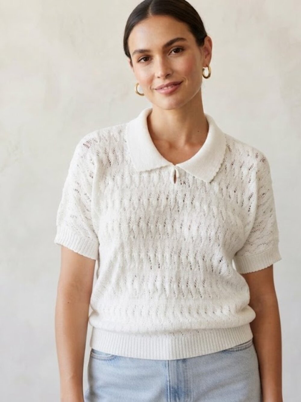Vintage White Short Sleeve Knit Polo Top